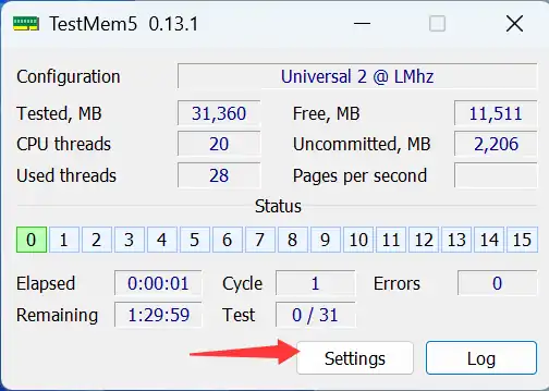 TestMem5 主界面，点击 Settings 按钮