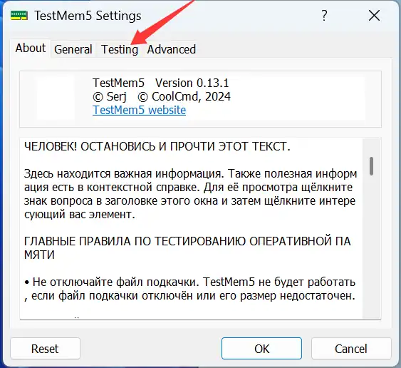 TestMem5 Settings 窗口，点击切换到 Testing 标签