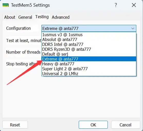 Testing 标签页，Configuration 下拉列表选择 Extreme @ anta777