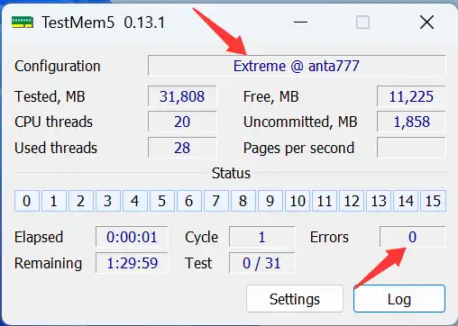 主界面 Configuration 显示 Extreme @ anta777，Errors 为 0，开始测试