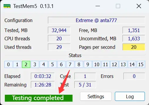 TestMem5 显示绿色 Testing completed，Errors 为 0，测试通过
